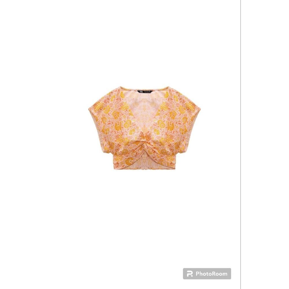 ZARA PRINTED LINEN BLEND TOP ORANGE/PINCK SIZE XS 7980/614